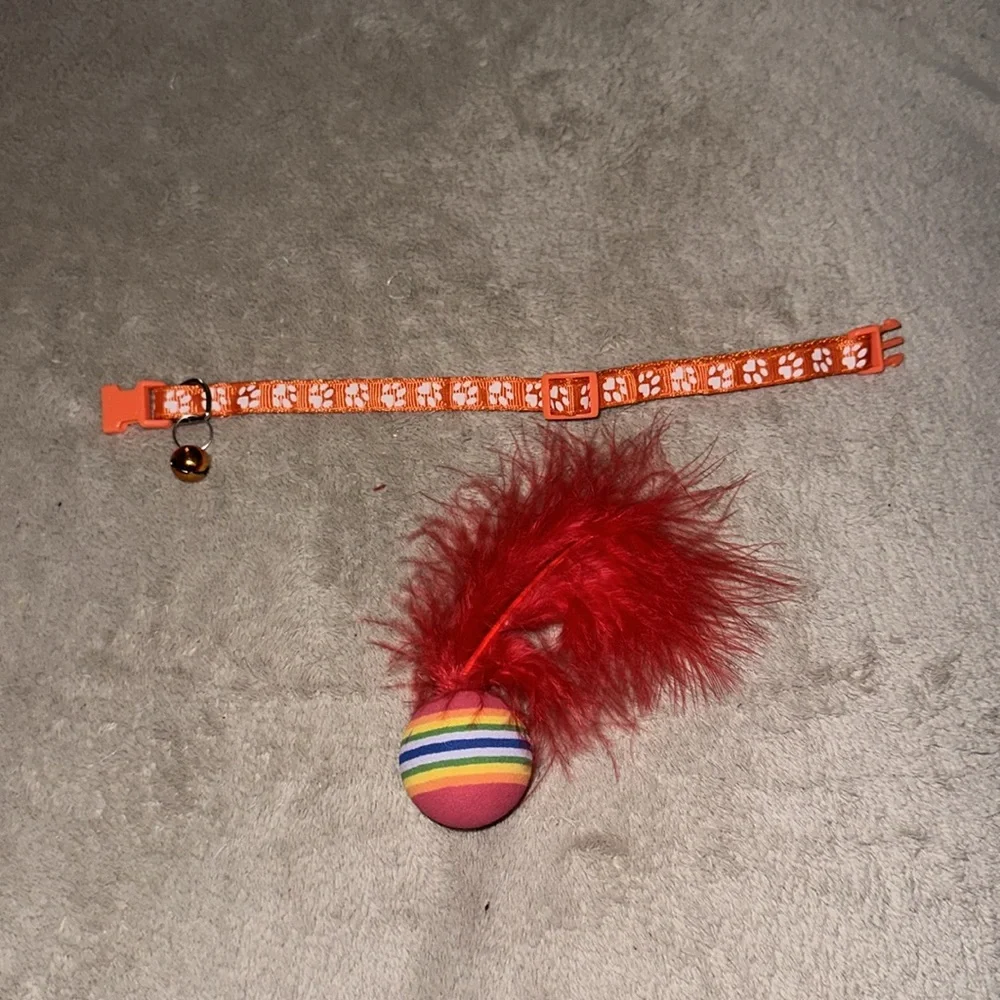 Car orange paw print adjustable collar with toy ball with feathers New